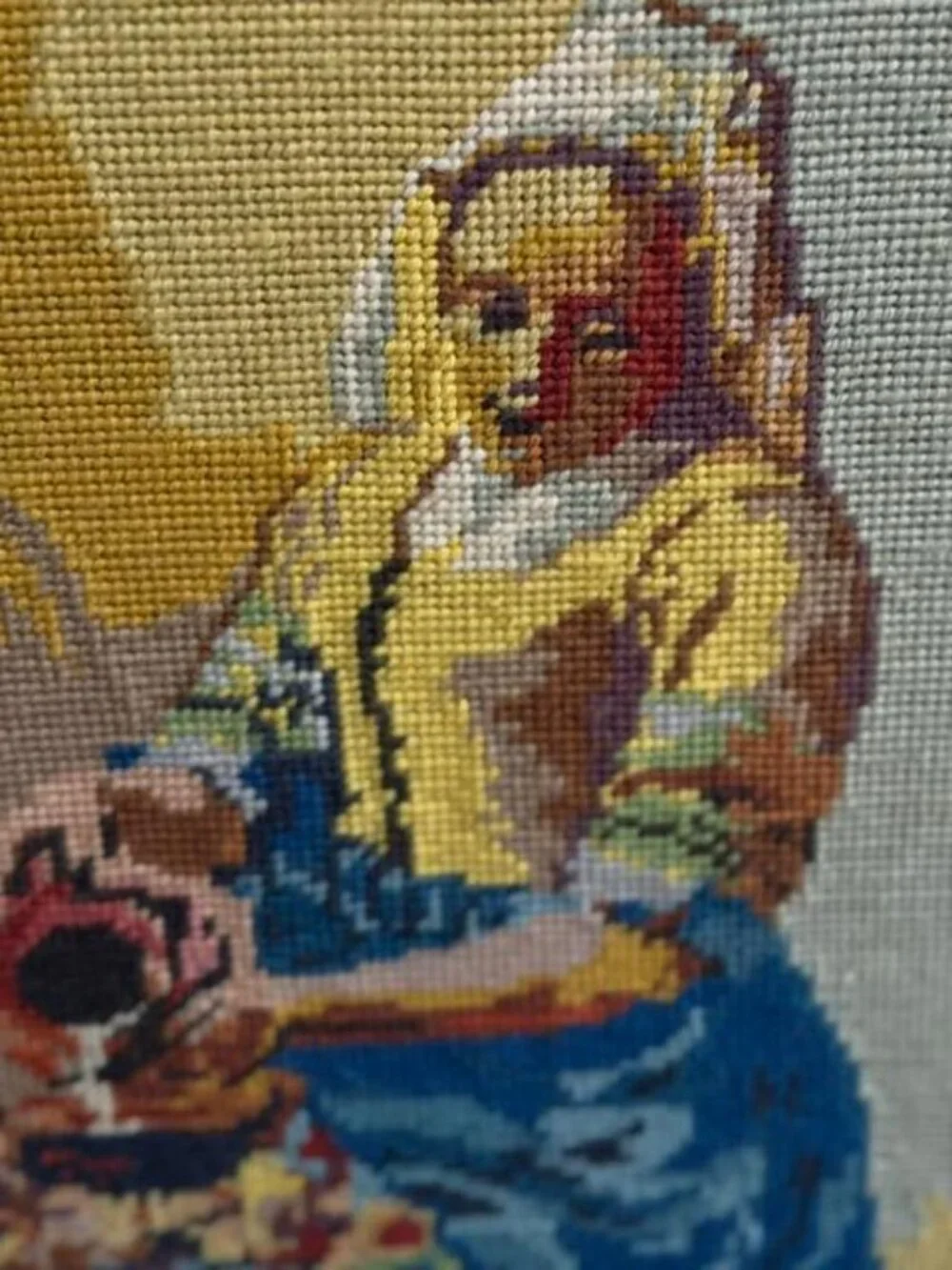 Framed Needlepoint of Painting/The Milkmaid by Dutch Master Johannes Vermeer